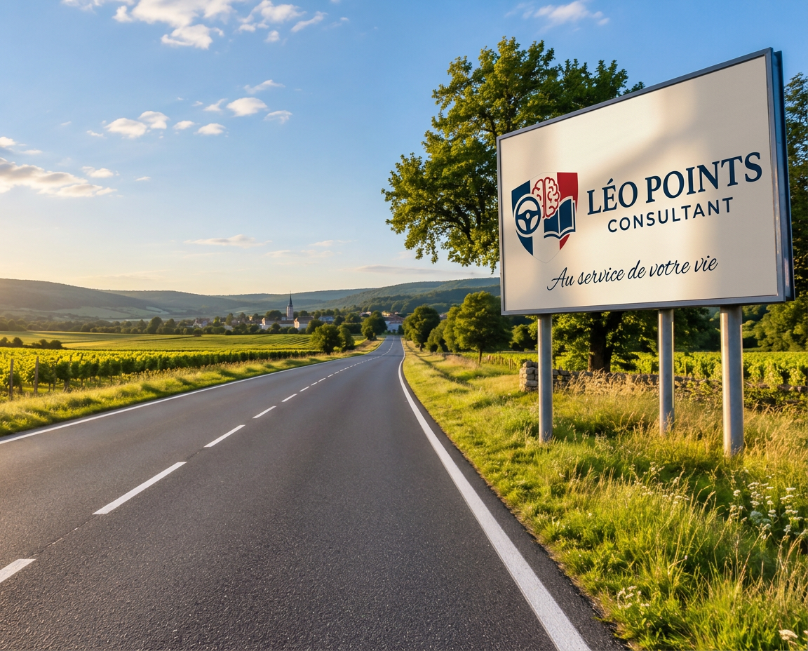 Route ensoleillée avec panneau LÉO POINTS CONSULTANT – Au service de votre vie